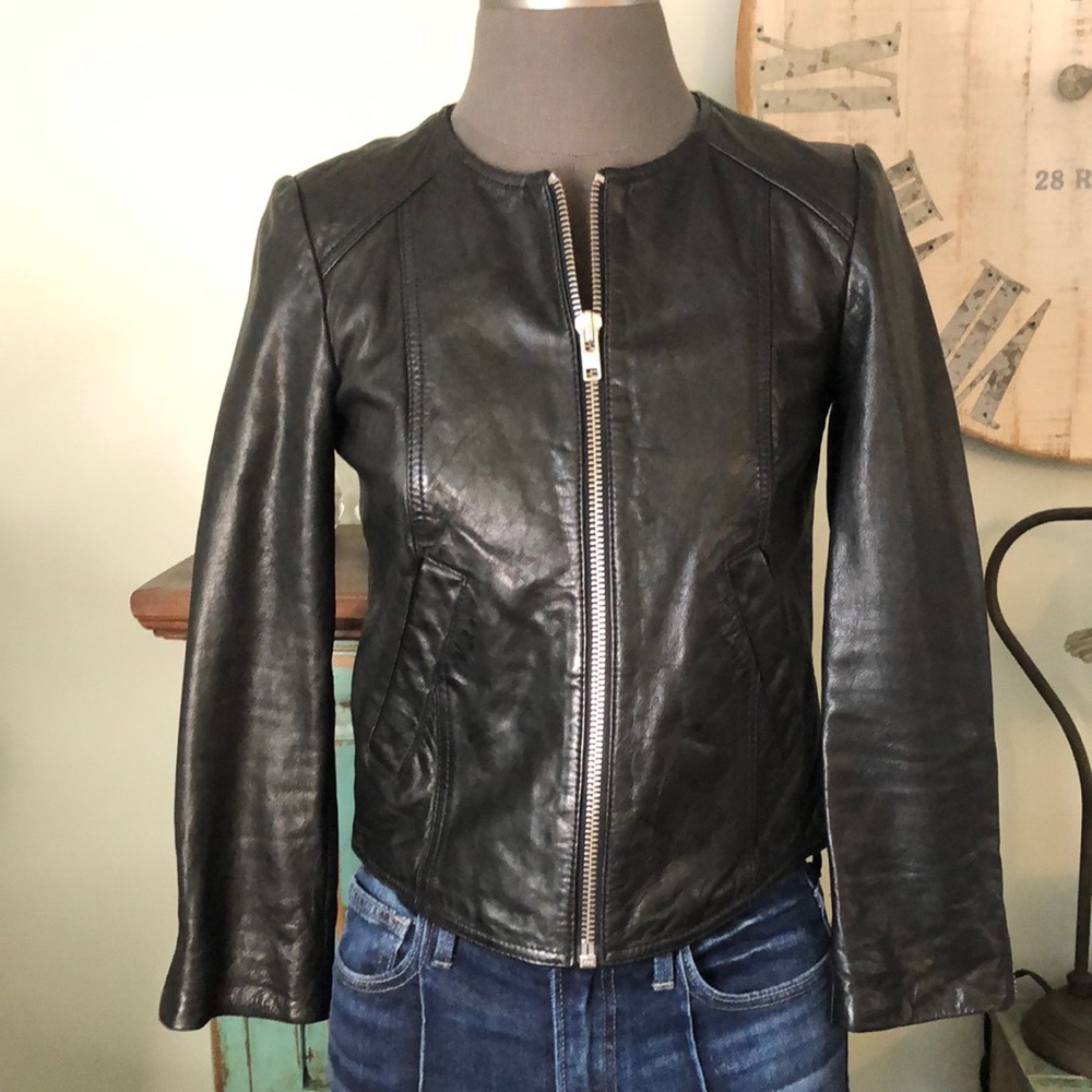 MADEWELL BLACK LEATHER MOTO ZIPPERS JACKET COLLARLESS SIZE XS